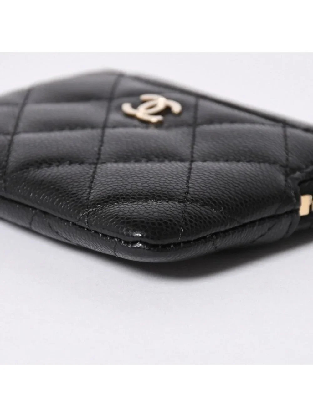 Chanel Classic Zip Coin Purse Stand CC Logo Caviar Leather Black Gold